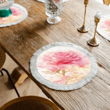 1 pieza Mantel individual con estampado floral de lino con flecos, mantel de mesa de comedor lavable, decoración del hogar, vajilla, cocina, decoración de fiesta interior/exterior, regalo ideal - Multicolor - Ver 9