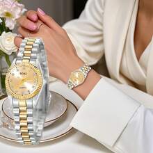 SOKI SOKI 1 Pc Ladies Watch Women's Golden Round Fully Encrusted Dial With Alloy Strap Casual Luxury Quartz Wristwatch Watch Perfect For Everyday Wear, Birthday Gifts, Parties, Holiday Gatherings, And As The Ideal Gift For Yourself Or Friends Boxes Not Included