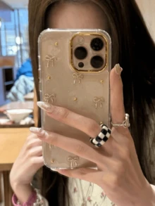 闪光 3D 镂空金属心形手机壳适用于 Apple 17 16 15 14 13 12 Pro Max Plus 11 女款可爱滴胶透明防震保护套防水防摔防刮 - 金色蝴蝶結 - 查看 3