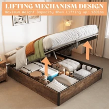 Base De Cama Elevadora Hidráulica Queen Size Almacenamiento, estructura funcional con sistema hidráulico, amplio espacio de almacenaje, diseño robusto y de fácil acceso. - Marrón - Ver 7