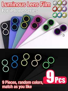 Yezodawee 9 piezas de protectores de lente de cámara luminosos y coloridos que brillan en la oscuridad, de aleación de aluminio, compatibles con 17 Pro Max/17 Pro/17 Air/17/16 15 14 13 12 11 Pro Max Plus