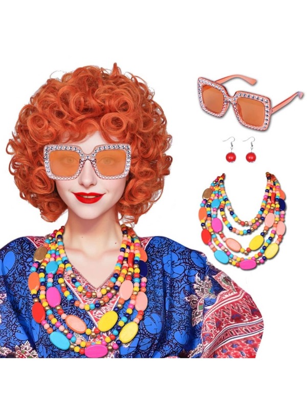 FantaLook Curly Orange Red Cosplay Wig With Necklace Earrings And Sunglasses For Women Halloween Costume