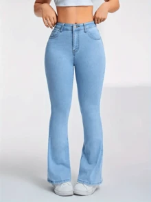 Pantalones Mezclilla Jeans Pierna acampanados Talla Grande para Mujer Azul Claro Cintura Alta Elásticos Larga Duración y Suelta - Azul - Ver 5