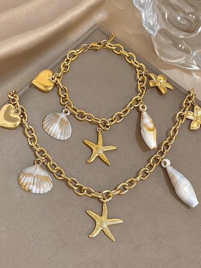 1 件波西米亚海洋时尚爱心海星和花卉吊坠手链项链首饰套装，适合女士，18K 镀金不锈钢粗链，万圣节圣诞节感恩节日常派对夏季珠宝妈妈礼物，返校礼物生日礼物