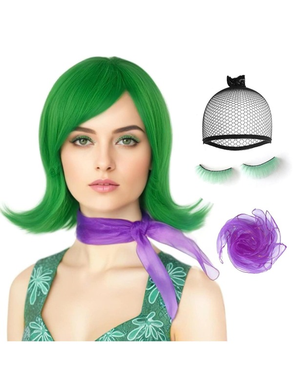 3Pcs Short Green Flip Wig[1 Hair Cap+1 Scarf +1 Pair Of False Eyelashes] Greeny Disgusting Cosplay Wig Green Bob Wigs With Bangs For Halloween Party Costume Outfit