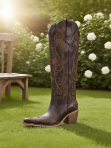 Women Vintage Knee High Cowgirl Boots Floral Embroidered Pointed Toe Western Cowboy Boots Chunky Heel Pull On Retro Dress Party Wedding Shopping Outdoor Christmas Country Music Festival Tall Boots For Women - nâu sẫm - Xem 2
