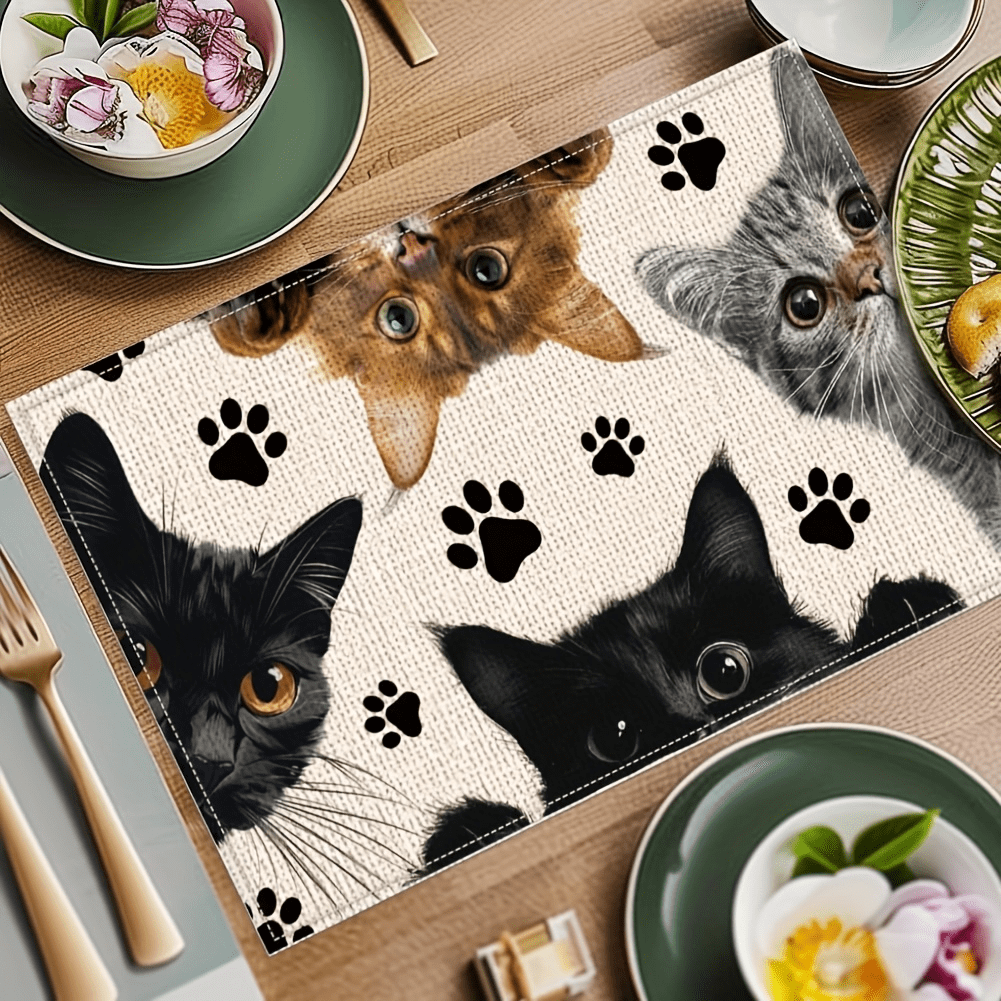 1 Set Of 2pcs/4pcs/6pcs/8pcs Peeping Cat Pattern Placemats, Size 30*45CM, Kitchen Dining Table Mats, Hotel Dining Mats, Holiday Party Mats, Suitable For Home, Outdoor, Holiday, Party Table Decor, Tablecloth, Chinese Style Tablecloth, Plates, Gourmet Journey, Serving Plates, Travel Set, Table Brush, Plate Felt, Tray Mat, Travel, Coasters, Kitchen Accessories