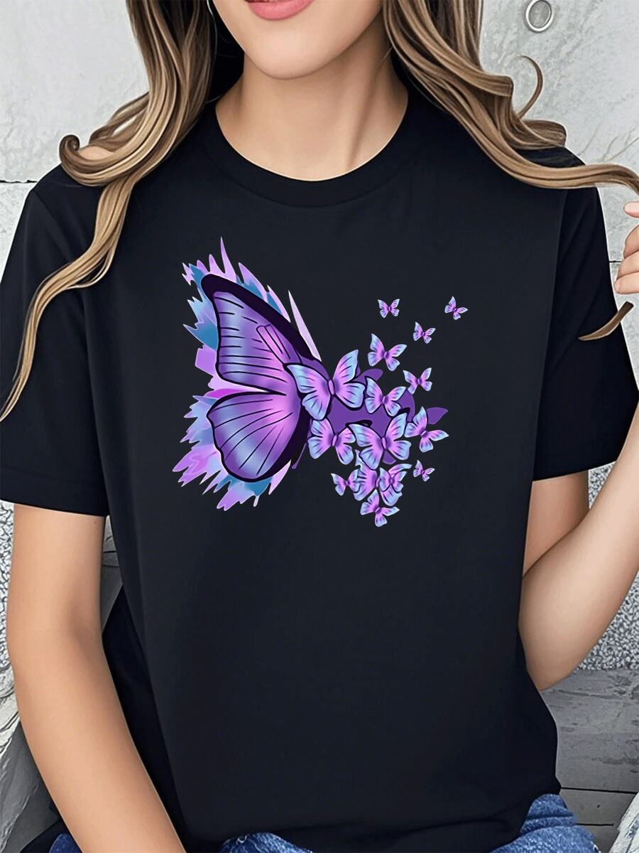 Elegante camiseta de algodón para mujer con diseño artístico de estampado de mariposas, cómoda camiseta informal de verano, moderna camiseta de manga corta para uso diario, elegante camiseta gráfica para mujer. - Negro - Ver 1