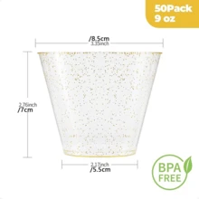 9 Oz 50 PCS Gold Glitter Plastic Cups, Gold Rimmed Disposable Wine Glasses Disposable Glitter Cups, Elegant Plastic Cocktail Glasses, Gold Rimmed Plastic Cups, Fancy Party Cups For Wedding, Birthday, Holiday - 金閃 9 oz - 查看 3