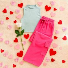 Conjunto cargo mujer top sin mangas ajuste cómodo casual urbano - Rosa Fucsia - Ver 3