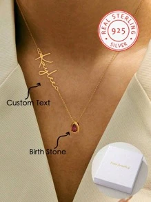 1 925 Silver Personalized Custom English Letter Name Birthstone Artificial Zirconia Pendant Necklace, Elegant And Romantic, Bohemian Style With Accessories, Suitable For Valentine's Day, Birthdays, Anniversaries - Yellow Gold - View 2