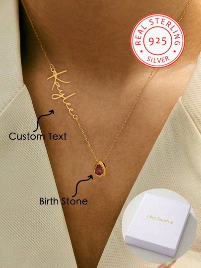 1 925 Silver Personalized Custom English Letter Name Birthstone Artificial Zirconia Pendant Necklace, Elegant And Romantic, Bohemian Style With Accessories, Suitable For Valentine's Day, Birthdays, Anniversaries