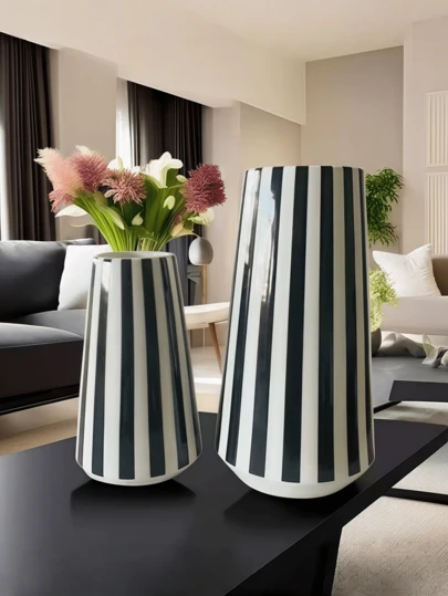 1Pc Hand-Painted Modern Black And White Minimalist Ceramic Vase,Mid Century Modern Striped Vases,Black White Checkered Green And White Stripes Vase,Creative Design, Delfts Blauw, Collectible-Grade Ceramics,Decorative Vases For Flowers, Perfect As A Bohemian Home Accent Home Decor Room Decor Flower Vase Glass Vase