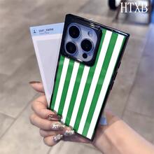 Funda con diseño de bloques con rayas verdes y blancas, compatible con los modelos 16 Pro, 16, 15 Pro, 14, 14 Plus, 13, 13 Pro, 12 Pro y 12 Pro. Ofrece protección total contra golpes, una amplia abertura para la pantalla, un elegante marco brillante y una excelente calidad de imagen. - Negro - Ver 4