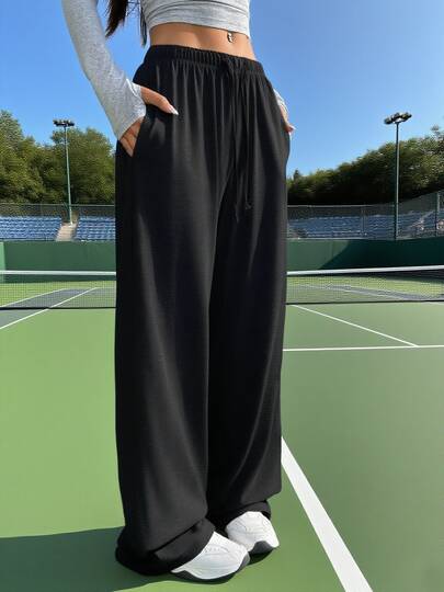 1pc Women's High Stretch Yoga Pants, Loose Straight Leg With Pockets, Adjustable Drawstring Wide Leg Trousers, Suitable For Gym Workout, Outdoor Sports, Casual, Commuting