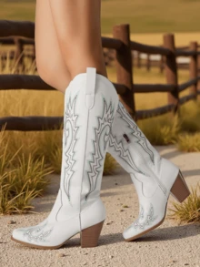 Vintage Women's Cowgirl Boots Pointed Toe Embroidery Side Zipper Chunky Mid Heel Pull On Long Boots For Women Country Concert White Cowboy Boots Women - 白色 - 查看 4