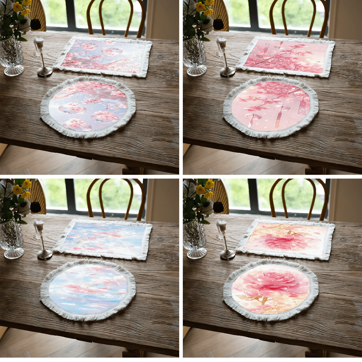 1 pieza Mantel individual con estampado floral de lino con flecos, mantel de mesa de comedor lavable, decoración del hogar, vajilla, cocina, decoración de fiesta interior/exterior, regalo ideal - Multicolor - Ver 1