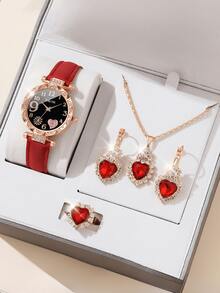 6件套：时尚简约圆形阿拉伯心形石英表 + 蝴蝶首饰套装/心形钻石套装/水滴形钻石套装（戒指、耳环、手链、项链），万圣节、圣诞节、情人节、母亲节、节日最佳礼物 - 彩色 - 查看 12