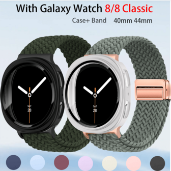 磁性尼龙表带 + PC 外壳适用于三星 Galaxy Watch 8/8 Classic 40 毫米 44 毫米表带，男女款，无缝隙弹力面料尼龙表带腕带适用于三星 Watch 8 Classic/8 智能手表配件