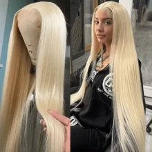 NATAN #613 Golden Short Bob Wig, No Glue Needed, 13x4 High Definition Lace Front, 10A Grade Brazilian Straight Hair, 180% Density, Pre-Plucked, Natural Hairline, Unisex. This Wig Is Made Of Real Human Hair At The Front Hairline And A Blend Of Synthetic Fibers And Protein Strands, Featuring Brazilian Straight Hair. - S/613 - View 5