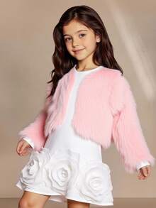 SHEIN 年轻女孩时尚蓬松装饰开衫背心，秋冬优雅休闲外套 - 藕粉色 - 查看 4