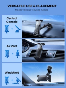 REMAX 通用型360°旋转车载手机/iPad平板电脑支架；三合一多功能设计，适用于中控台、空调出风口和挡风玻璃；稳固抓握；汽车旅行配件；iPad车载支架；汽车配件 - 黑色 - 查看 4