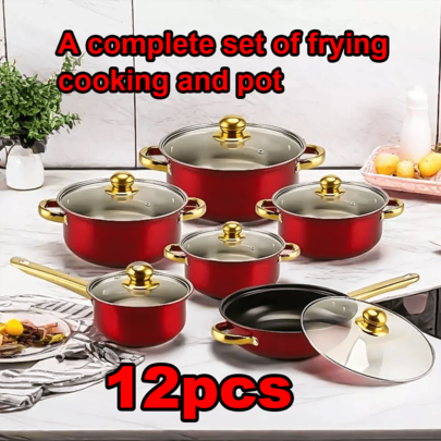 12pcs  Cookware Set,  Includes Various Sized Frying Pans And Saucepans,Non Stick,High-Quality Stainless Steel Construction,Heat-Resistant Handles With Ergonomic Handles ,Dishwasher S-Afe, Works With Induction/Electric And Gas Cooktops(Red)