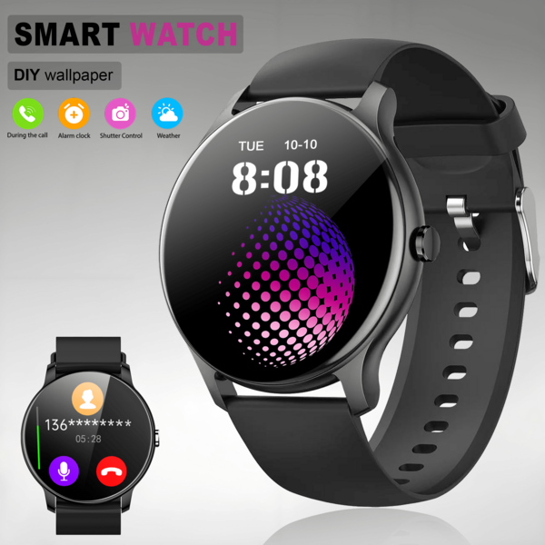 1 Stück Unisex Silikon Armband Smartwatch, mit kabelloser Anruffunktion, Schrittzähler, Kalorienrechner, Distanzverfolgung, mehrere Sportmodi, Alarm, Anrufe & Nachrichten Benachrichtigungen, 1,32" runde HD Anzeige, Vollbildschirm, kompatibel mit Android & iOS Smartphones, geeignet als Urlaubsgeschenk