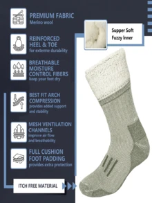 3 Pairs Merino Wool Hiking Socks, Crew Neck Winter Boot Socks, Unisex