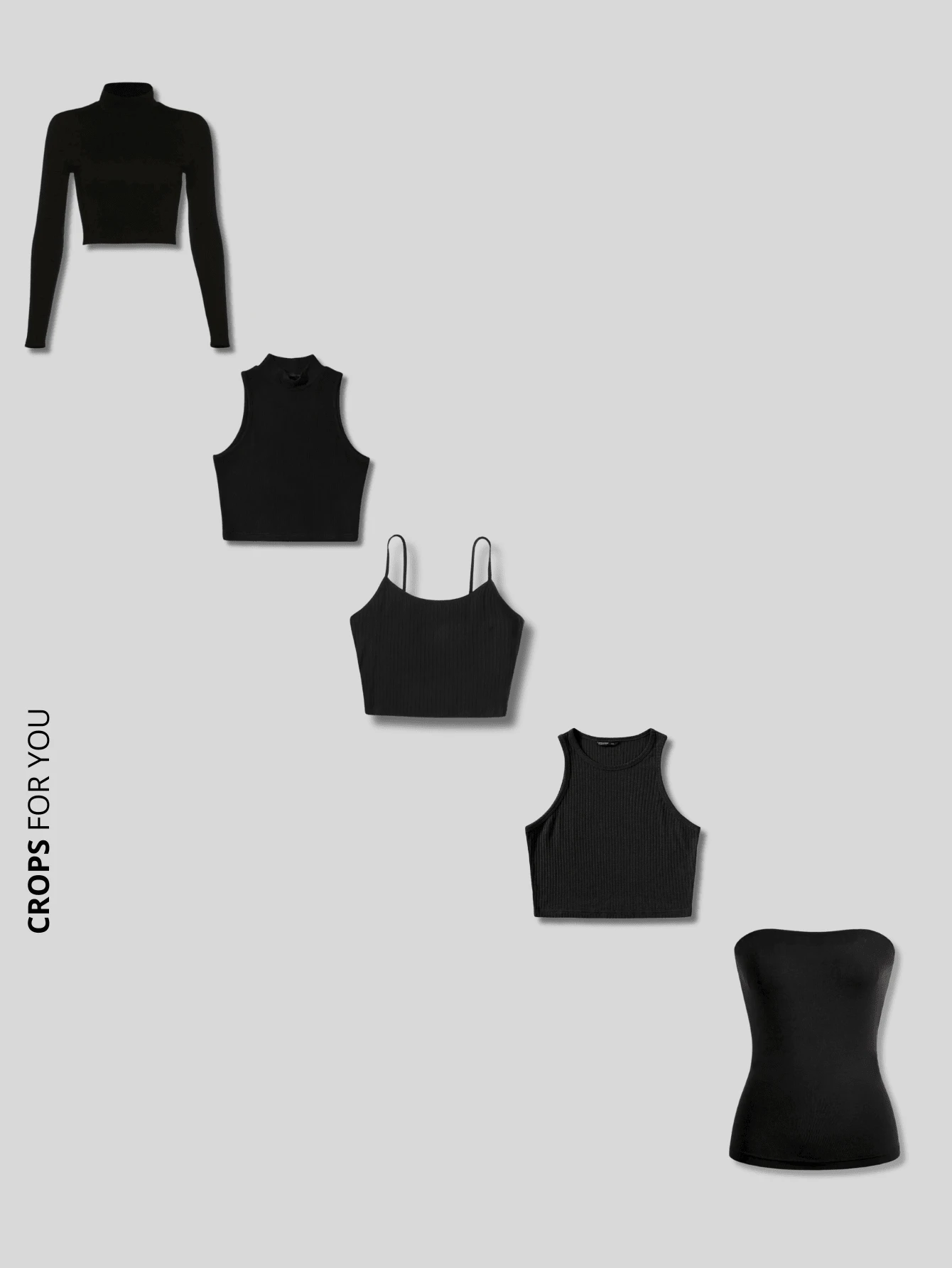 Kit 5 Assorted Cropped Tops: Long Sleeve, Collar, Strappy, Tank Top And Tube Top - Black - View 1