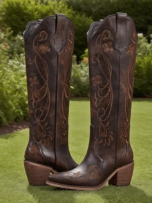 Women Vintage Knee High Cowgirl Boots Floral Embroidered Pointed Toe Western Cowboy Boots Chunky Heel Pull On Retro Dress Party Wedding Shopping Outdoor Christmas Country Music Festival Tall Boots For Women - nâu sẫm - Xem 5