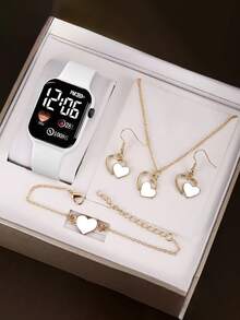 Set 5 bucăți, ceas digital elegant pentru femei + colier, brățară, cercei, set de bijuterii, cadou de Halloween, cadou de Crăciun, cadou pentru fete, cadou de ziua de naștere, cel mai bun cadou pentru viața de școală.