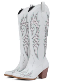 Vintage Women's Cowgirl Boots Pointed Toe Embroidery Side Zipper Chunky Mid Heel Pull On Long Boots For Women Country Concert White Cowboy Boots Women - 白色 - 查看 6