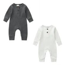 Newborn Baby Boy Girl Knitted Rib Romper Infant One Piece Jumpsuit Cotton Solid Long Sleeve  Bodysuit Basic Coming Home Outfits - Dark Gray+White - View 1