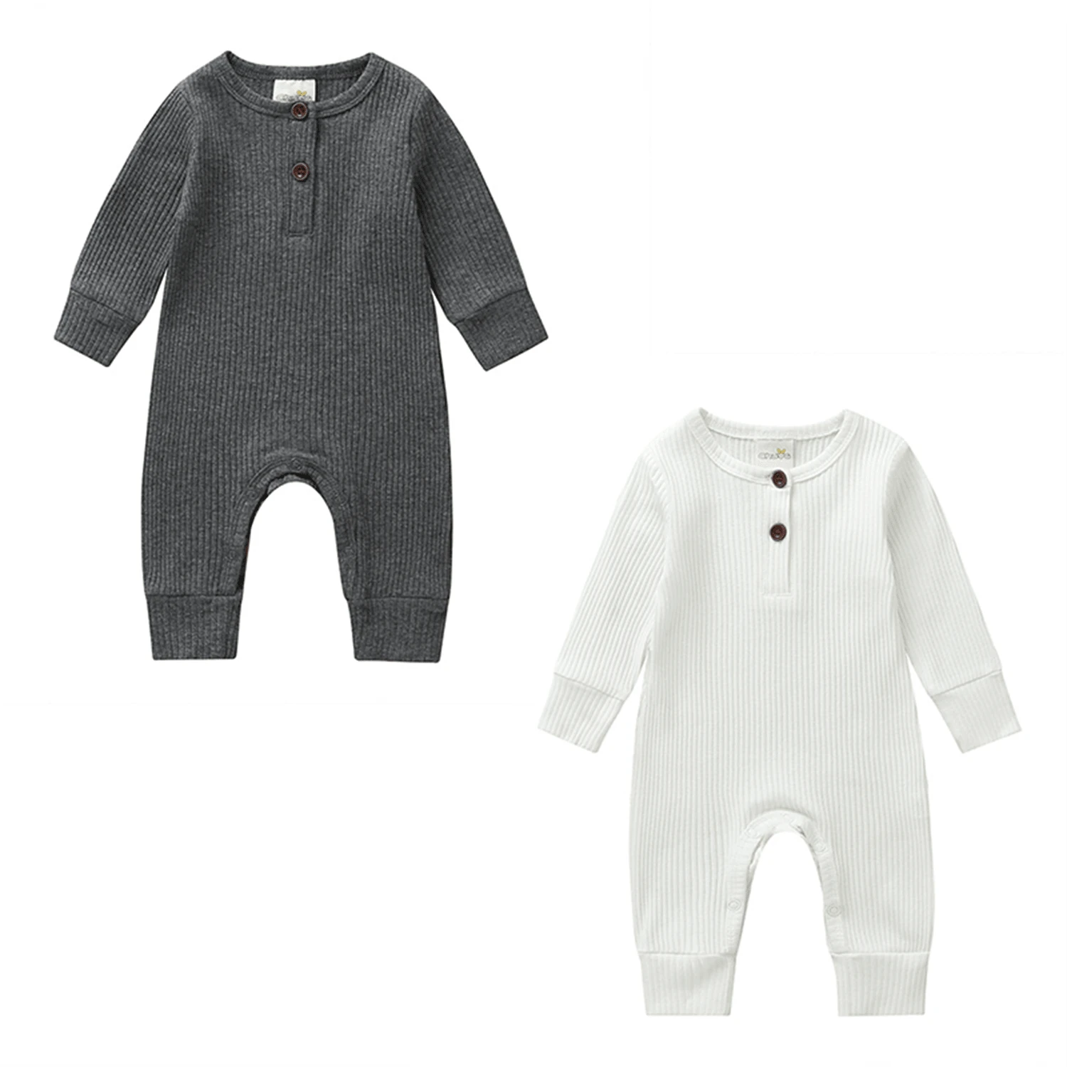Newborn Baby Boy Girl Knitted Rib Romper Infant One Piece Jumpsuit Cotton Solid Long Sleeve Bodysuit Basic Coming Home Outfits - Dark Gray+White - View 1