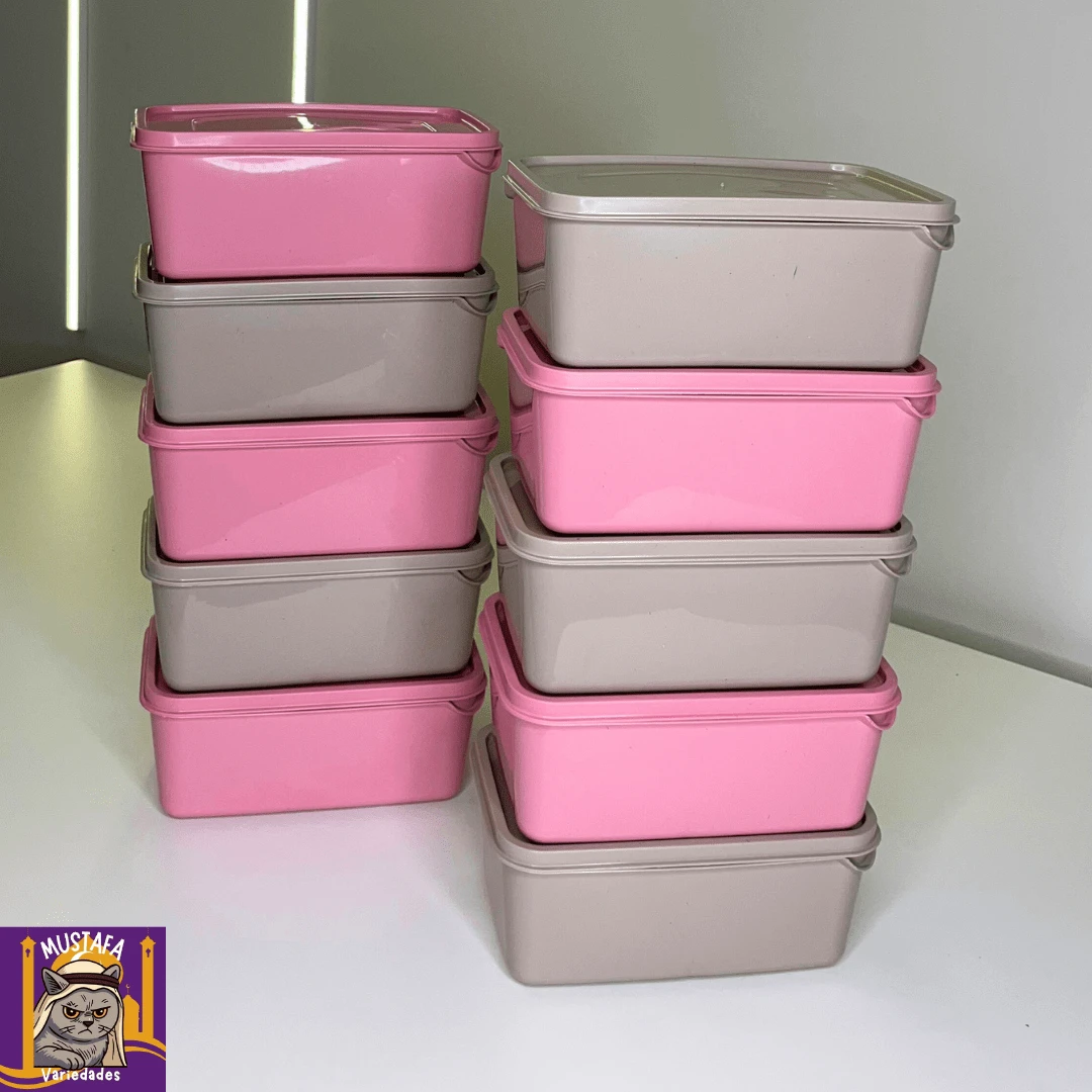 Set Of 10 Rectangular Plastic Lunch Boxes, 1 Liter For Food - Tapoer Container - 5 rosas 5 beige - Ver 1