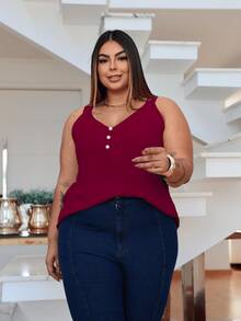Duna Women's Plus Size Tank Top With Pearl Buttons GG G1 To G3 - 酒紅色 - 查看 5