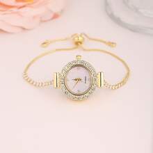 2025 Nouvelle montre-bracelet femme à la mode de couleur or avec strass, petit cadran rond mignon, montre-bracelet de luxe avec bracelet en strass or, montre à quartz en alliage, cadeau/cadeau de la Saint-Valentin/cadeau du festival Qixi/port quotidien - Montre à quartz avec fond doré - Voir 10