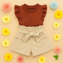 Children's Set Cropped Frufru Blouse + Linen Clochard Shorts Kit With 2 Super Stylish Pieces CJI033 - 裸色和焦糖色 - 查看 2