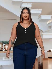 Duna Women's Plus Size Tank Top With Pearl Buttons GG G1 To G3 - 黑色 - 查看 4
