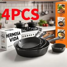 4-Piece Cast Iron Frying Pan Set, Kitchen Pot Set, Physical Non-Stick Pans With Integrated Anti-Scalding Handles, 10.2", 7.87", 6.3", 5.51" Pans, Suitable For Frying, Stir-Frying, Cooking, Pizza, Black, Cast Iron Cookware, Frying Pan