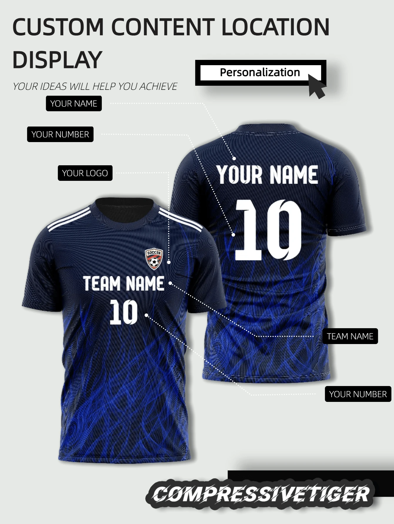 渐变蓝火焰日本足球球衣 | 可定制运动衫，适合活力四射的球队和竞技联赛 | 个性化火焰图案，添加球队标志 | 吸湿排汗面料 | 适合高强度比赛、彰显个性的比赛、万圣节、感恩节和新年礼物，夏季、健身、瑜伽皆宜 - 藏蓝色 - 查看 1