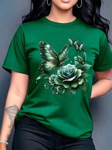 Camiseta de manga corta casual de mujer cuello redondo, Mariposa, Rosas varios colores - Verde militar - Ver 1