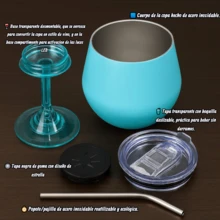 Copa para vino/coctel/jugo/Champán de acero inoxidable armable, FAB-18, Copa, Copa con tapa y popote, vaso de acero inoxidable portátil, Copa para café, Bebidas, Champán, Cócteles, Vaso/taza/Copa aislante de colores variados, capacidad 14 Oz/410 ml. - Azul - Ver 2