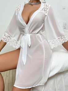 SOFUSEN Sexy Pajamas Chiffon Lace Patchwork See-Through Nightgown Seductive Ladies Cardigan Robe, Robe + Belt, Suitable For Your Cardigan Gauze Robe, Ladies Nightgown - White - View 3