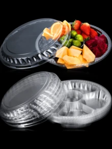 1/5/10 件圆形塑料蔬菜托盘带盖水果托盘 6 分隔隔间容器，含 100 件叉子，食物盛放蘸酱拼盘可重复使用餐饮托盘，适用于蔬菜水果小吃派对和自助餐托盘