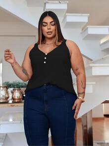 Duna Women's Plus Size Tank Top With Pearl Buttons GG G1 To G3 - 黑色 - 查看 5