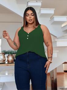 Duna Women's Plus Size Tank Top With Pearl Buttons GG G1 To G3 - Army Green - View 7