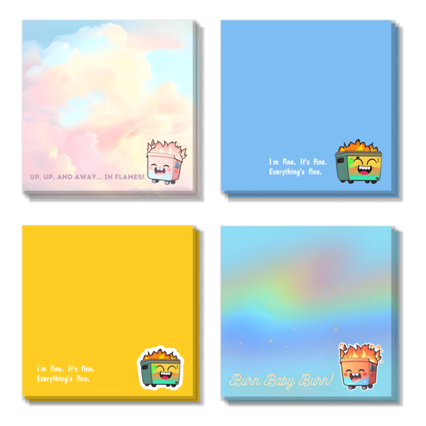 4pcs Dumpster Fire Sticky Notes 3x3 Inch 50 Sheets Funny Office Note Pads Adhesive Funny Cartoon Kawaii Art Office Sticky Notes For School Office Home Supplies Students Teachers Gift