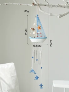 1 قطعة جرس رياح بتصميم قارب شراعي بموضوع المحيط مزين بنجوم البحر والصدف والدلافين لديكور المنزل